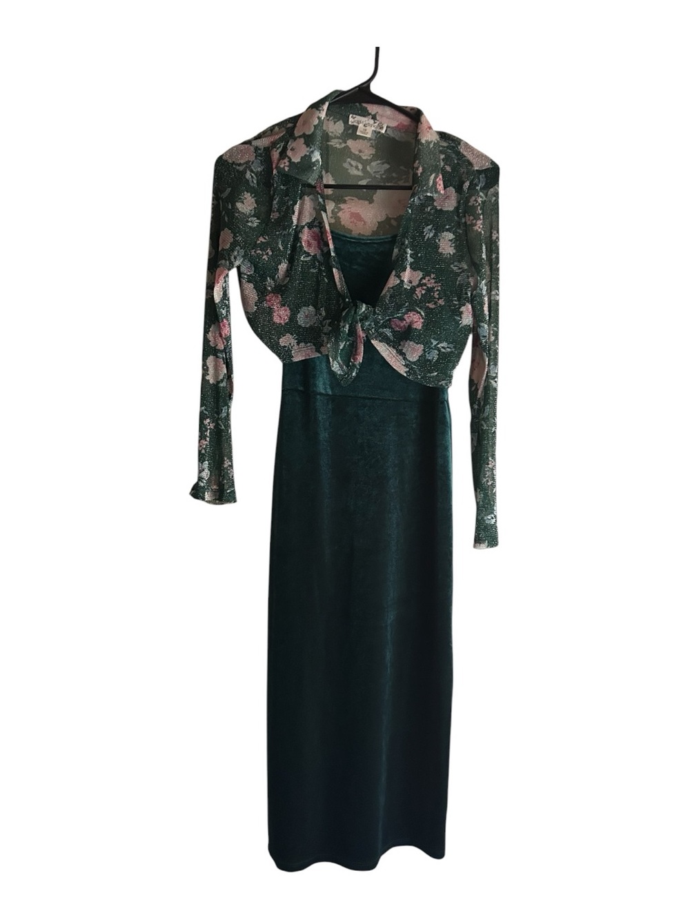Knitworks Girls Size Green Velvet Maxi Dress with Pink Floral Sheer Overlay